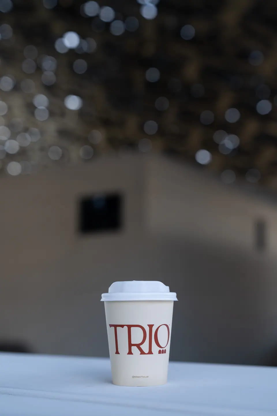 A white TRIO takeaway cup with the terracotta wordmark on a white ledge, a museum pavilion and the dome's light points soft behind