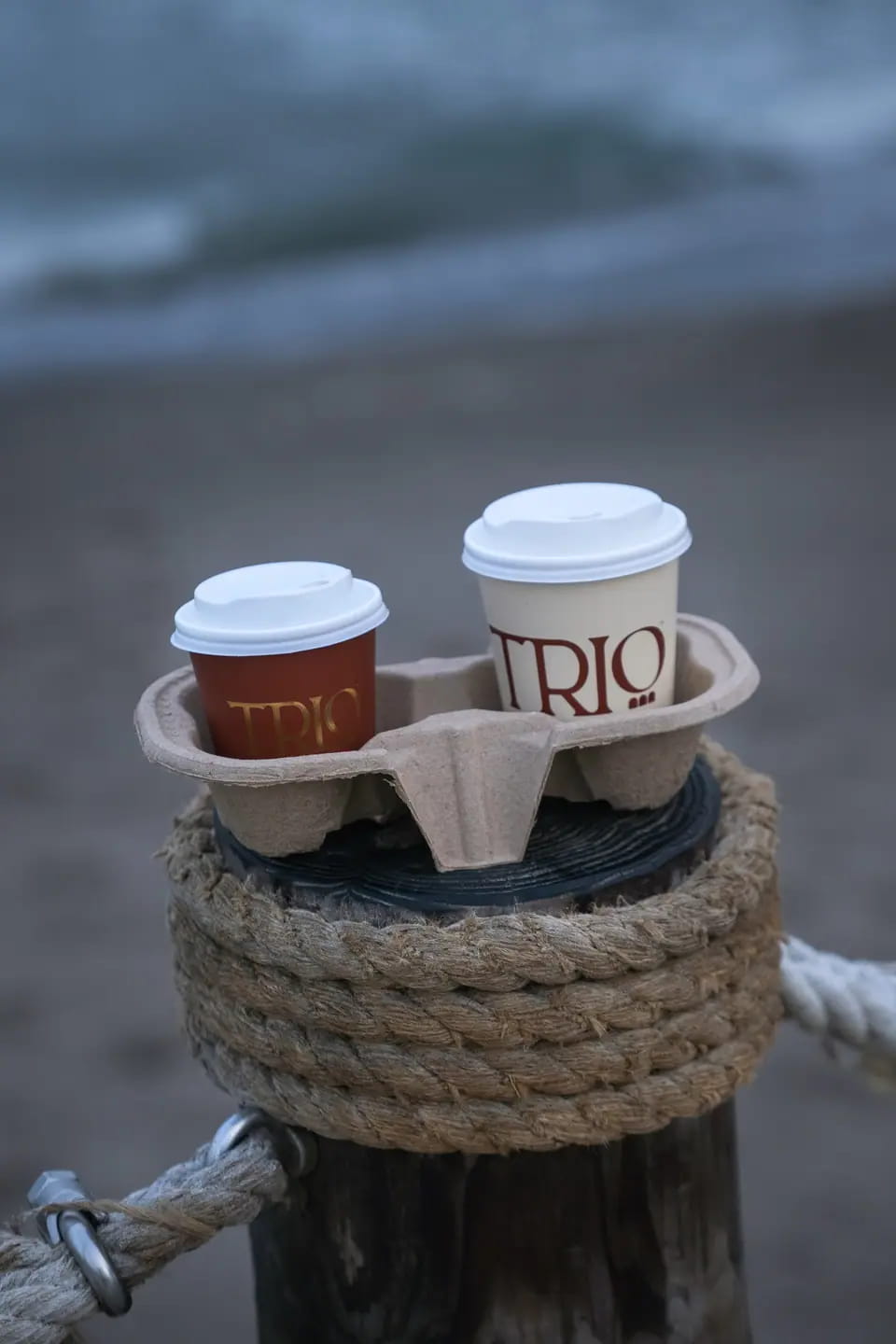 Two TRIO cups, terracotta and cream, in a pulp carrier on a rope-wrapped pier post with the Fujairah sea breaking behind
