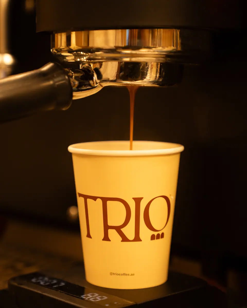 Espresso streaming from a chrome portafilter into a cream TRIO cup on a scale