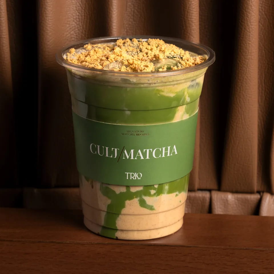 Caramel shortbread matcha with crumble in a Cult Matcha takeaway cup