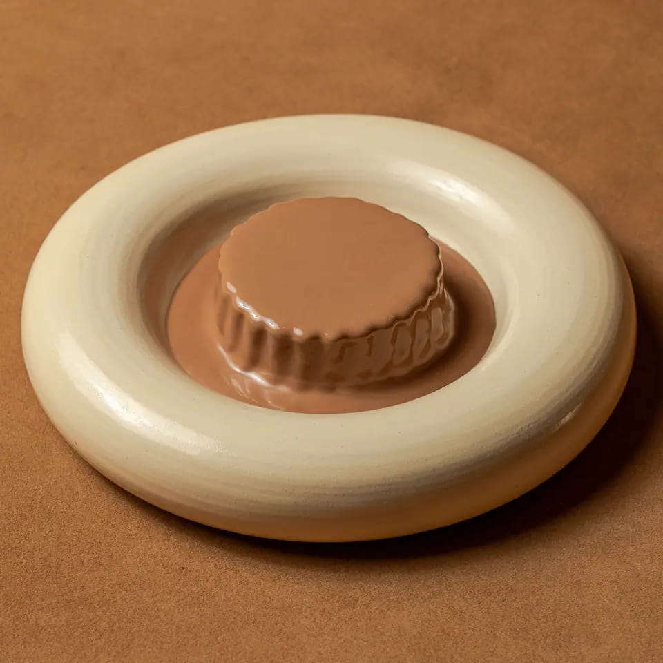 Chocolate cheese toast, a chocolate-glazed round on a cream ring plate