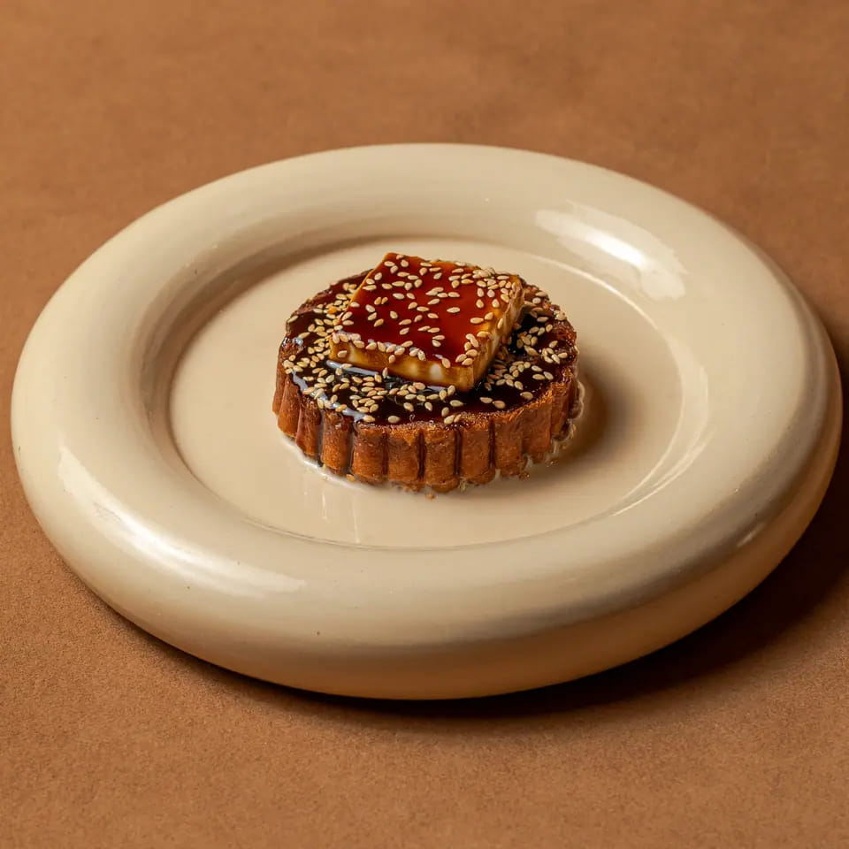 Dates and cheese toast, a sesame-topped tart on a cream ring plate