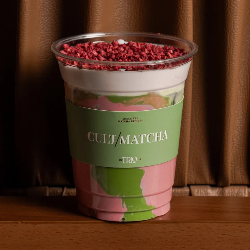 Marble raspberry matcha with freeze-dried raspberry in a Cult Matcha cup