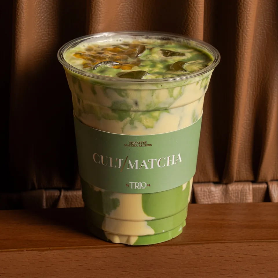 Marble tropical matcha in a Cult Matcha takeaway cup