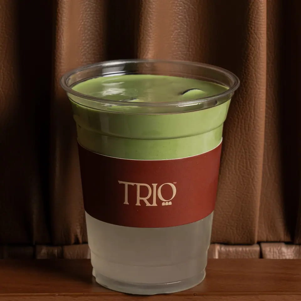 Matcha coconut dalgona layered in a TRIO takeaway cup